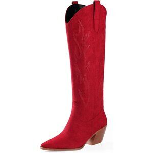 Women Red Knee High Pointed Toe Block Heel Cowboy Western Embroidered Boots